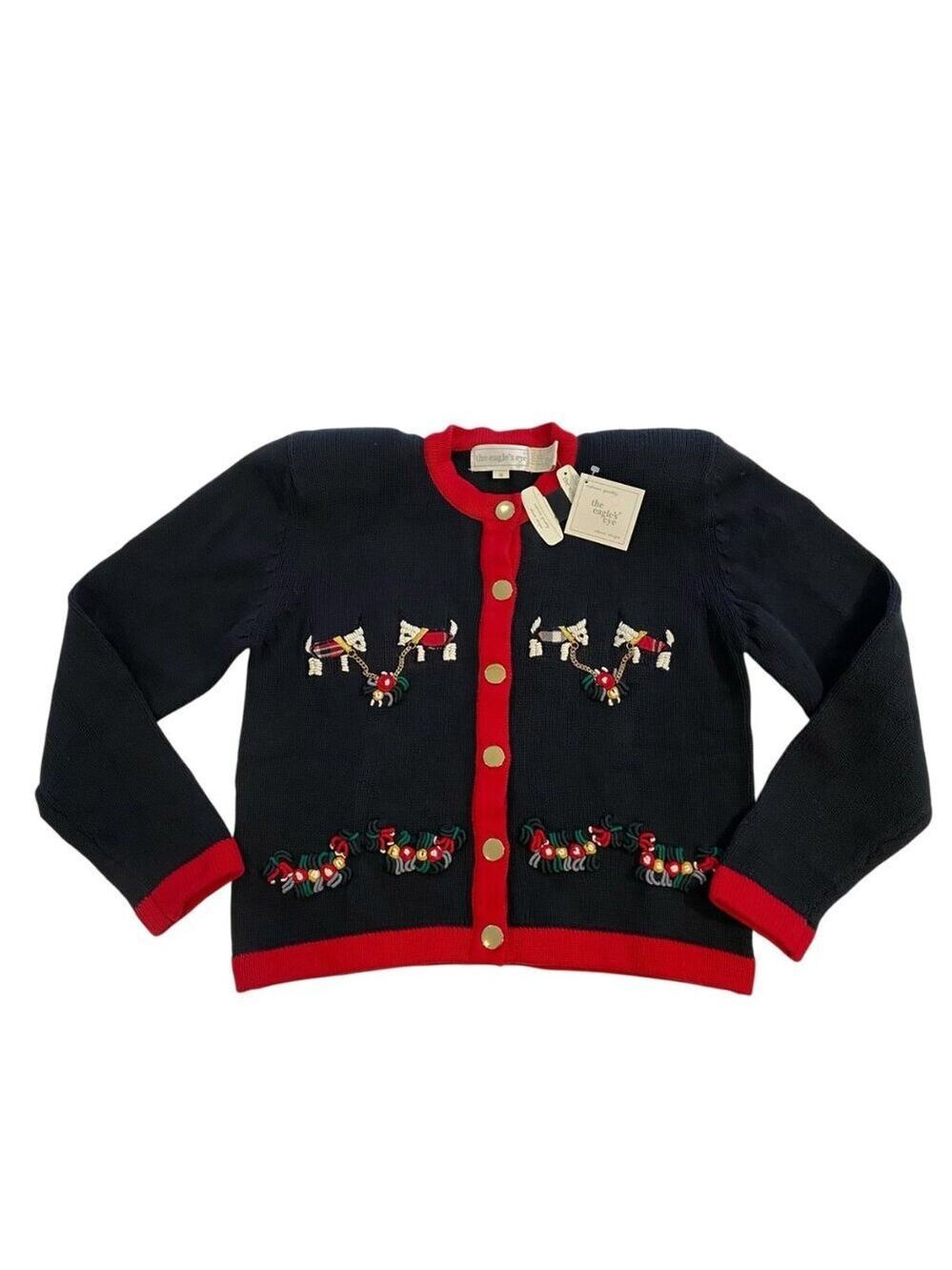 Vintage Black & Red Button-Up Embroidered Dog Cardigan Sweater Womens Size Small